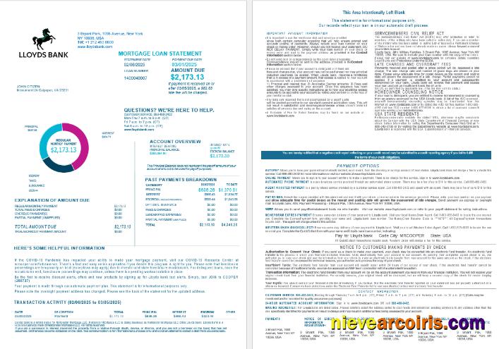 USA Lloyds bank mortgage loan statement, 4 pages 1-2